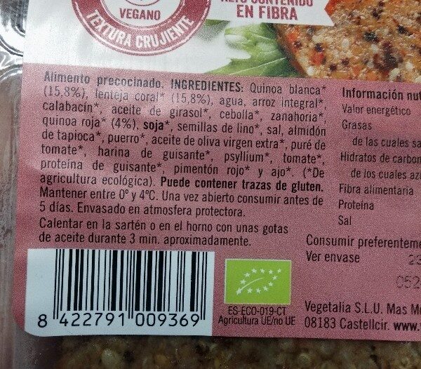 Vegeburguer Quinoa Y Lenteja Roja (Vegetalia)