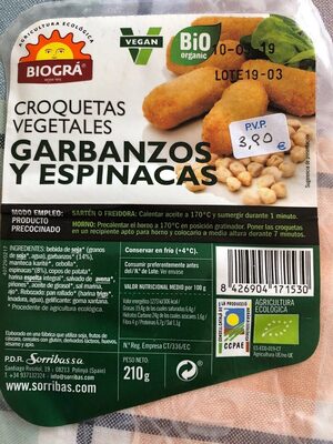 Croquetas Garbanzos Espinacas Y Piñones 210 Grs. (Biogra)