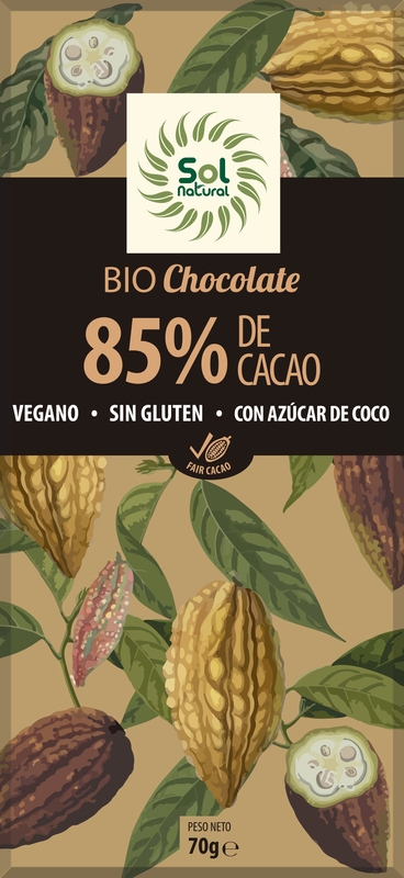 Tableta Chocolate 85% Cacao Bio 70 Grs. (Sol Natural)
