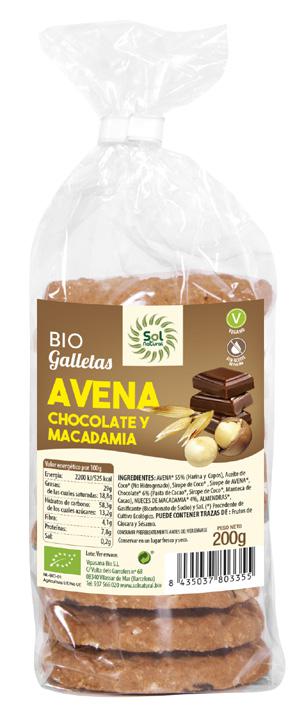 Galletas Avena Choco Macadamia Bio 200 Grs. (Sol Natural)