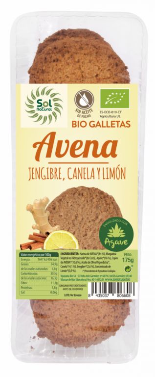 Galletas Avena Jengibre Canela Y Limon Bio 175 Grs. (Sol Natural)