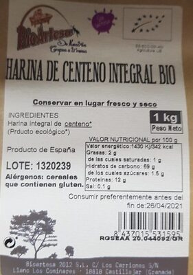 [8437015531618] Harina De Centeno Integ. Bio 1 Kg. (El Granero) (copia)