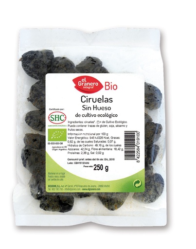 [8422584019100] Ciruelas Sin Hueso Bio 250 Grs. (El Granero)